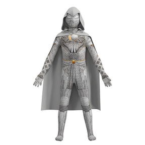 Fantasia Infantil Herói Branco da Lua com roupa, máscara e capa, feita em poliéster de alta qualidade, ideal para festas, brincadeiras e aventuras.