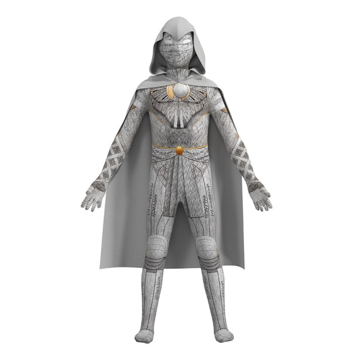 Fantasia Infantil Herói Branco da Lua com roupa, máscara e capa, feita em poliéster de alta qualidade, ideal para festas, brincadeiras e aventuras.