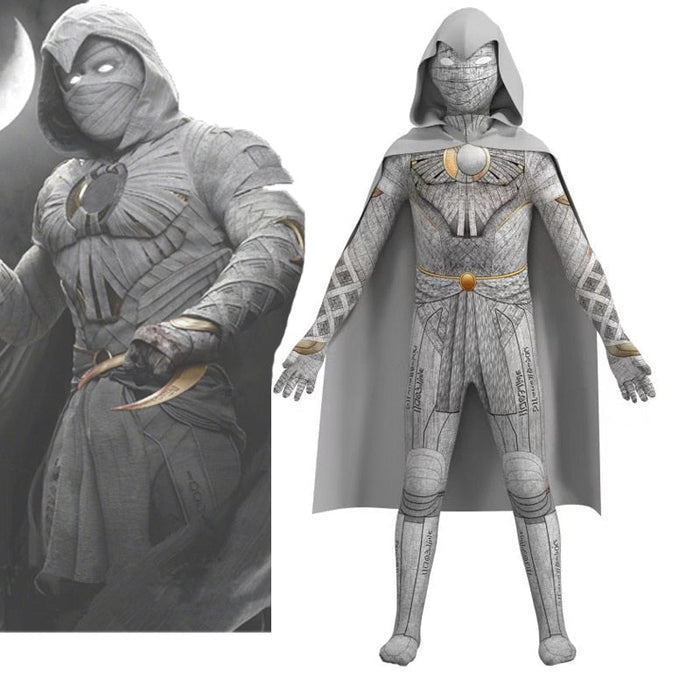 Fantasia Infantil Herói Branco da Lua com roupa, máscara e capa, feita em poliéster de alta qualidade, ideal para festas, brincadeiras e aventuras.