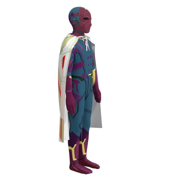 Fantasia Infantil Herói Colorido com Capa feita em poliéster e spandex, inclui macacão, capa e máscara, ideal para festas e brincadeiras infantis.