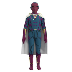 Fantasia Infantil Herói Colorido com Capa feita em poliéster e spandex, inclui macacão, capa e máscara, ideal para festas e brincadeiras infantis.