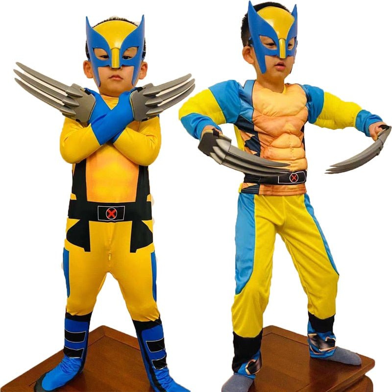 Fantasia Infantil Herói das Garras com macacão, máscara e garras em spandex, perfeita para festas, brincadeiras e aventuras cheias de imaginação.