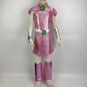 Fantasia Infantil Heroína Rosa Galáctica com vestido, cinto, luvas e meia topo em spandex, perfeita para festas, brincadeiras e aventuras espaciais.