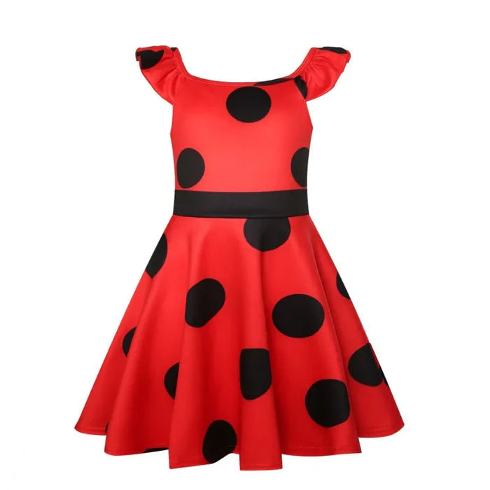 Fantasia Infantil Joaninha Vermelha com Bolinhas com vestido, bolsa e máscara, perfeita para festas infantis e brincadeiras divertidas.