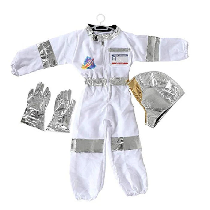 Fantasia Infantil Macacão Astronauta com capacete e luvas, feita em elastano, ideal para festas infantis e brincadeiras intergalácticas.