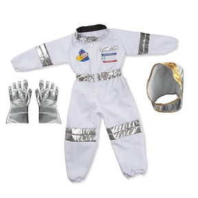 Fantasia Infantil Macacão Astronauta com capacete e luvas, feita em elastano, ideal para festas infantis e brincadeiras intergalácticas.