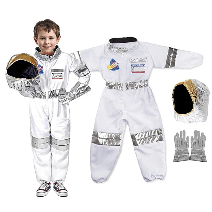 Fantasia Infantil Macacão Astronauta com capacete e luvas, feita em elastano, ideal para festas infantis e brincadeiras intergalácticas.