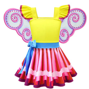 Fantasia Infantil Menina Fashion Rosa Encantada com vestido e calça, feita em poliéster e algodão, ideal para festas infantis e brincadeiras criativas.
