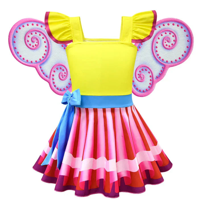 Fantasia Infantil Menina Fashion Rosa Encantada com vestido e calça, feita em poliéster e algodão, ideal para festas infantis e brincadeiras criativas.