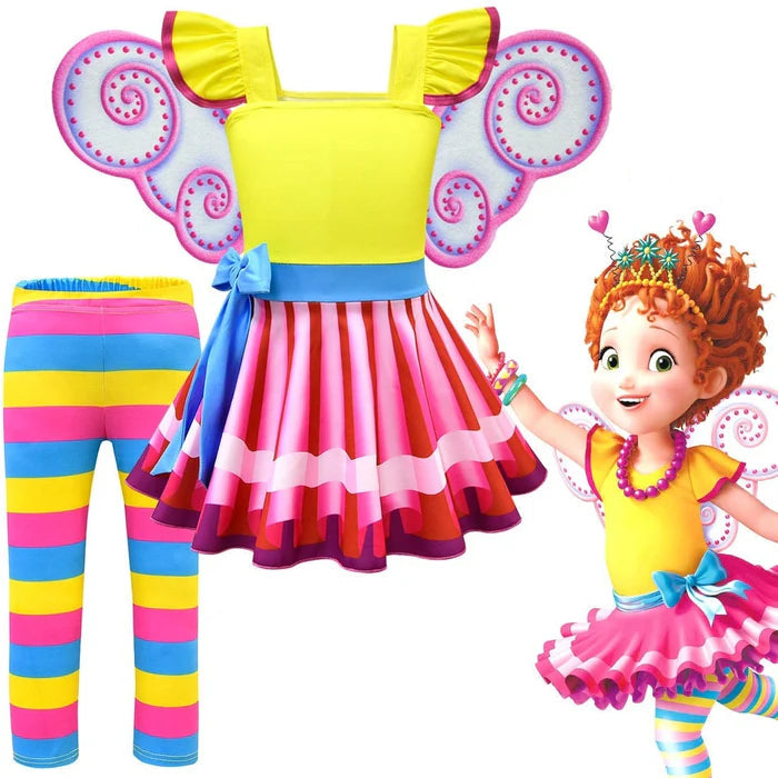 Fantasia Infantil Menina Fashion Rosa Encantada com vestido e calça, feita em poliéster e algodão, ideal para festas infantis e brincadeiras criativas.
