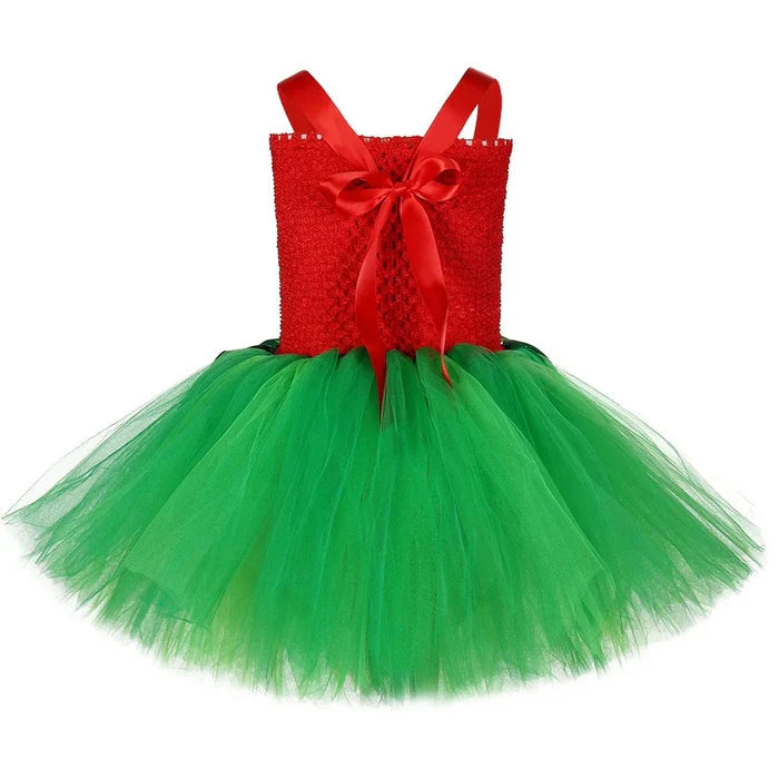 Fantasia Infantil Menina Havaiana Vermelha com vestido e tiara, feita em poliéster, malha, nylon e algodão, ideal para festas e brincadeiras.