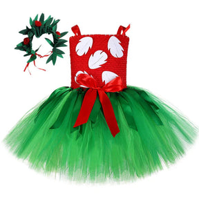 Fantasia Infantil Menina Havaiana Vermelha com vestido e tiara, feita em poliéster, malha, nylon e algodão, ideal para festas e brincadeiras.