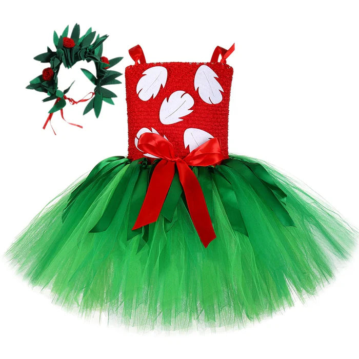 Fantasia Infantil Menina Havaiana Vermelha com vestido e tiara, feita em poliéster, malha, nylon e algodão, ideal para festas e brincadeiras.