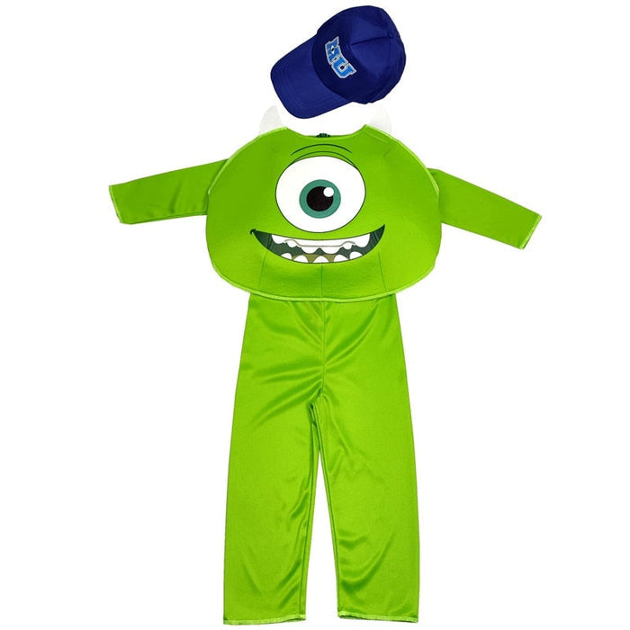 Fantasia Infantil Monstrinho Verde de Um Olho com macacão e boné, feita em elastano de alta qualidade, ideal para festas e brincadeiras divertidas.