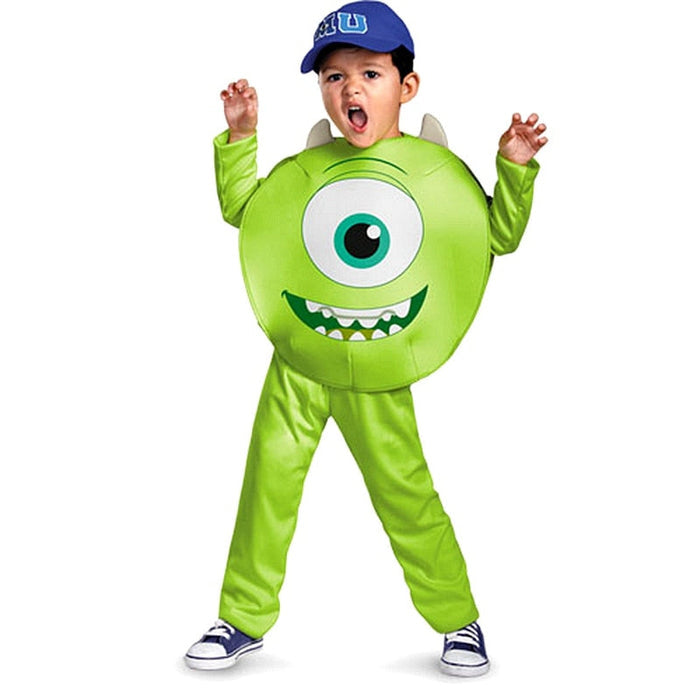 Fantasia Infantil Monstrinho Verde de Um Olho com macacão e boné, feita em elastano de alta qualidade, ideal para festas e brincadeiras divertidas.