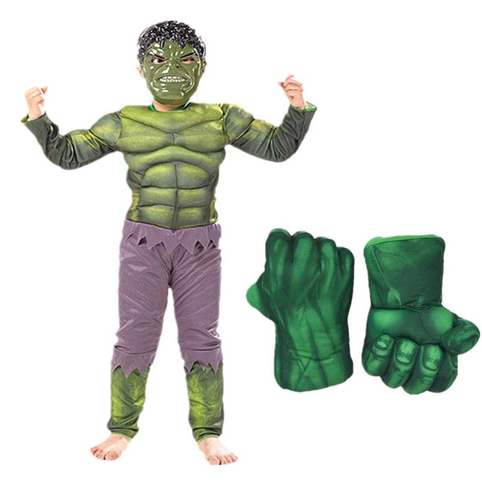 Fantasia Infantil Monstro Verde Musculoso com máscara e luvas, feita em poliéster, ideal para festas infantis e brincadeiras cheias de imaginação.