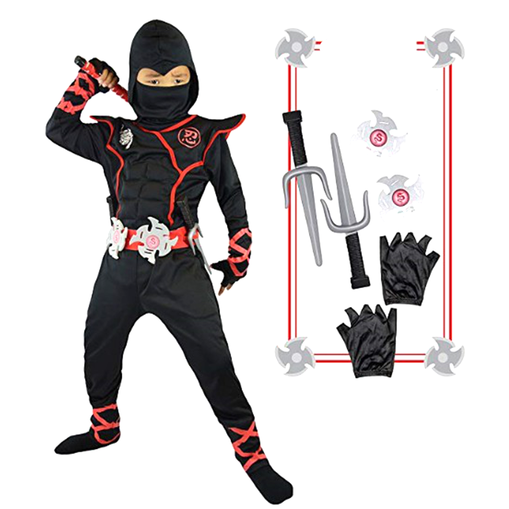 Fantasia Infantil Ninja Completo com macacão, máscara, luvas, punhos e estrela ninja, feita em spandex para conforto, flexibilidade e diversão.