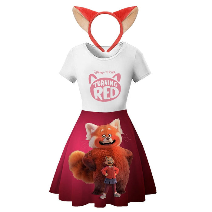 Fantasia Infantil Panda Vermelho Encantado com vestido e tiara em poliéster de alta qualidade, perfeita para festas, brincadeiras e momentos mágicos.