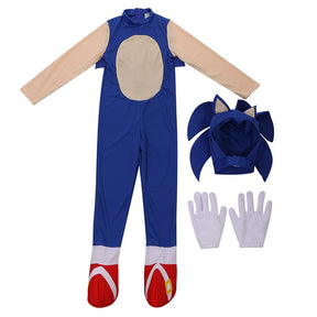 Fantasia Infantil Personagem Corredor Azul com roupa, luvas e parte de cima em poliéster, perfeita para festas, eventos e brincadeiras temáticas.