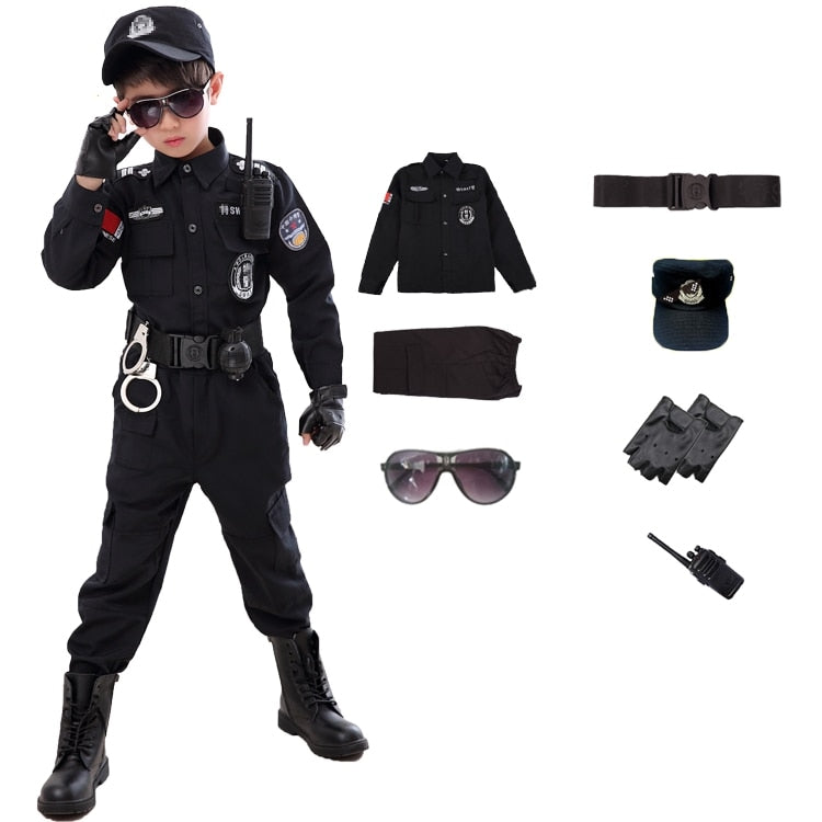 Fantasia Infantil Policial Completo com roupas e acessórios: camiseta, calça, boné, óculos, luvas, cinto e walkie talkie, ideal para festas e diversão.