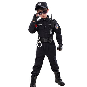 Fantasia Infantil Policial Completo com roupas e acessórios: camiseta, calça, boné, óculos, luvas, cinto e walkie talkie, ideal para festas e diversão.