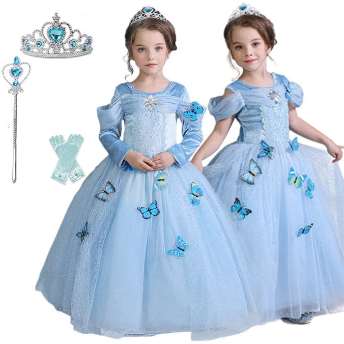 Fantasia Infantil Vestido Princesa Azul de Baile com vestido, varinha, luva e coroa em poliéster e viscose, perfeita para festas e brincadeiras mágicas.