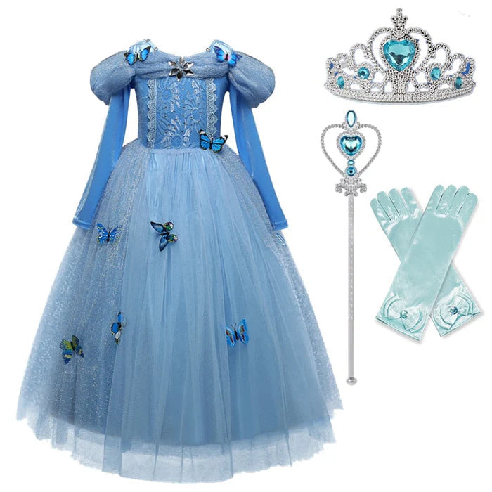 Fantasia Infantil Vestido Princesa Azul de Baile com vestido, varinha, luva e coroa em poliéster e viscose, perfeita para festas e brincadeiras mágicas.