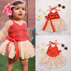 Fantasia Infantil Princesa Havaiana Bebê com vestido, colar e flor, feita em poliéster e algodão, perfeita para festas e fotos temáticas.