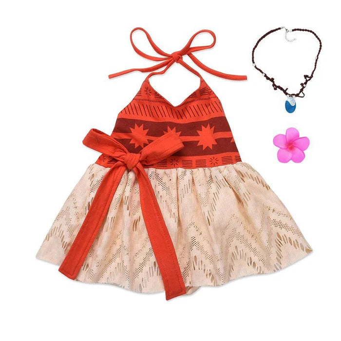 Fantasia Infantil Princesa Havaiana Bebê com vestido, colar e flor, feita em poliéster e algodão, perfeita para festas e fotos temáticas.