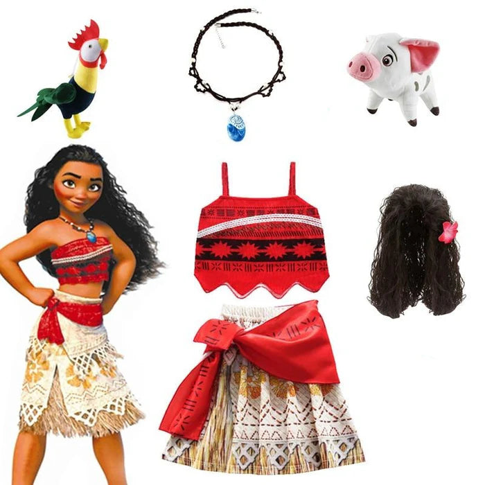 Fantasia Infantil Princesa Havaiana Encantada com vestido, colar, cabelo e acessórios, perfeita para festas infantis e brincadeiras mágicas.