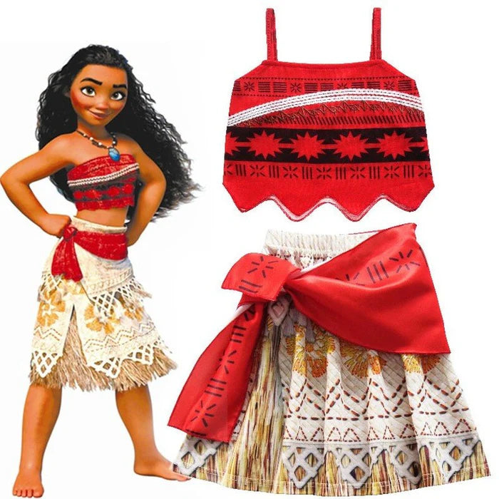 Fantasia Infantil Princesa Havaiana Encantada com vestido, colar, cabelo e acessórios, perfeita para festas infantis e brincadeiras mágicas.
