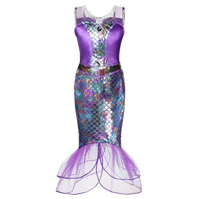 Fantasia Infantil Princesa Sereia Verde e Roxa com vestido, coroa, varinha, luvas e joias, ideal para festas infantis e brincadeiras mágicas.