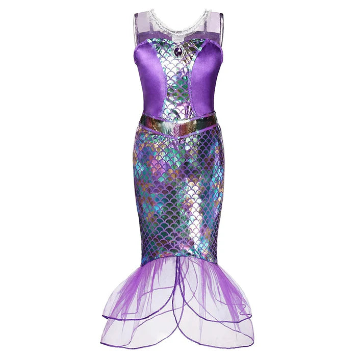 Fantasia Infantil Princesa Sereia Verde e Roxa com vestido, coroa, varinha, luvas e joias, ideal para festas infantis e brincadeiras mágicas.