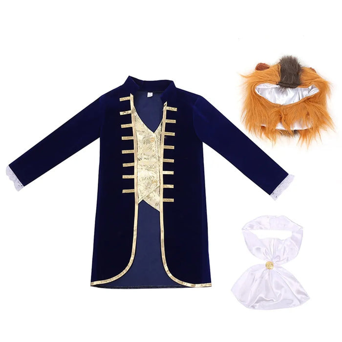 Fantasia Infantil Príncipe Fera Azul de Baile com casaco, colete, máscara e lenço de pescoço, feita em poliéster, ideal para festas e brincadeiras.