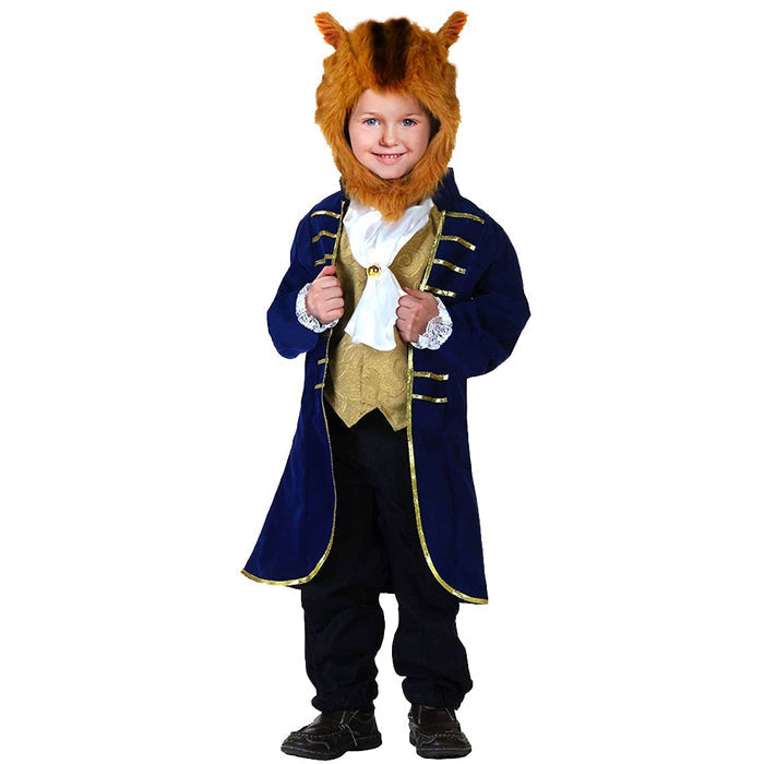 Fantasia Infantil Príncipe Fera Azul de Baile com casaco, colete, máscara e lenço de pescoço, feita em poliéster, ideal para festas e brincadeiras.