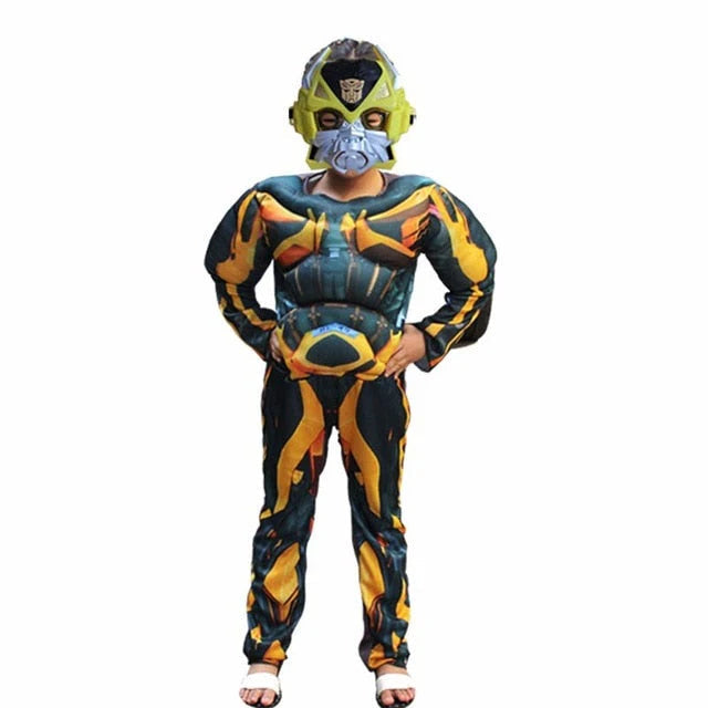 Fantasia Infantil Robô Amarelo Mascarado com macacão e capacete em poliéster de alta qualidade, perfeita para festas, brincadeiras e aventuras futuristas.