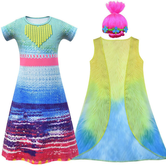 Fantasia Infantil Rosa Pop Encantada com vestido, colete e cabelo, feita em poliéster, ideal para festas infantis e brincadeiras cheias de imaginação.