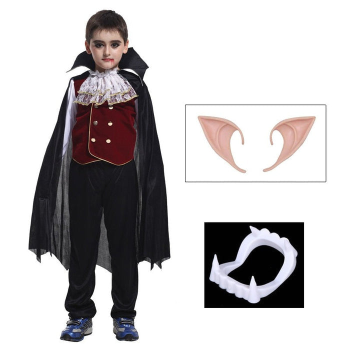 Fantasia Infantil Vampiro Clássico Preto e Vermelho feita em poliéster, ideal para festas de Halloween e brincadeiras infantis cheias de imaginação.