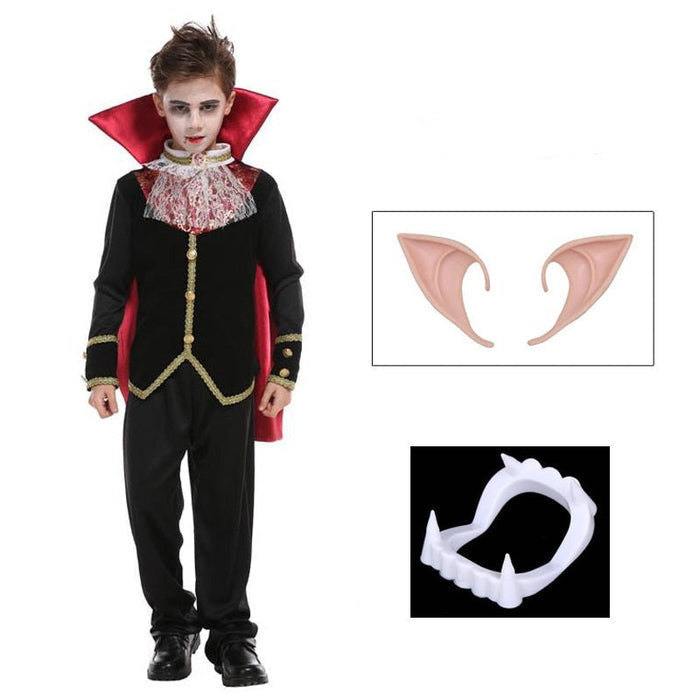 Fantasia Infantil Vampiro Clássico Preto e Vermelho feita em poliéster, ideal para festas de Halloween e brincadeiras infantis cheias de imaginação.