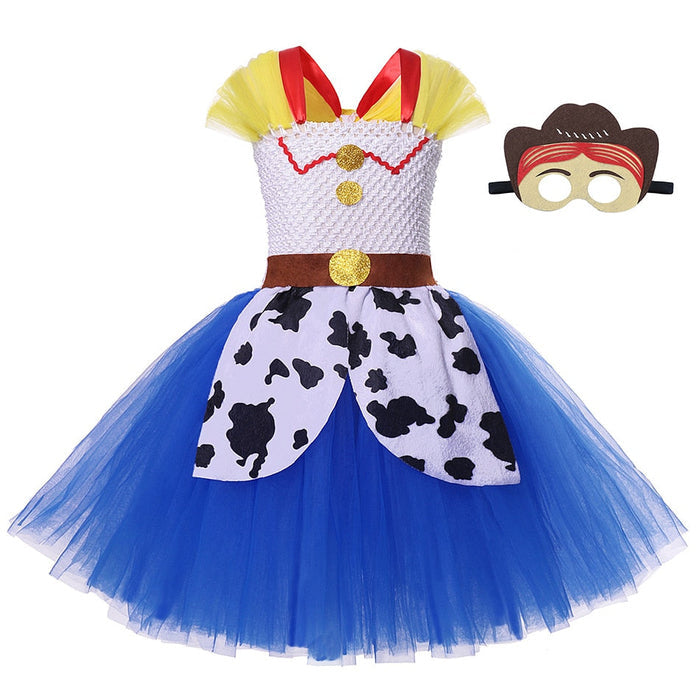 Fantasia Infantil Vaqueira com vestido e máscara, feita em nylon, algodão e viscose, ideal para festas infantis e brincadeiras criativas.