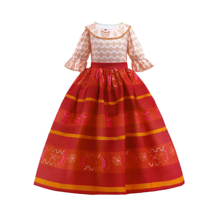 Fantasia Infantil Vestido Encantado Floral Colorido com vestido, coroa, varinha e luvas, feita em poliéster e viscose, ideal para festas infantis.