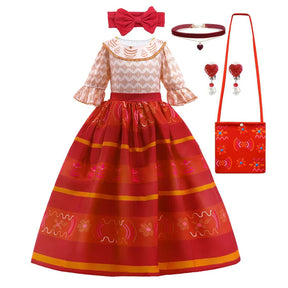 Fantasia Infantil Vestido Encantado Floral Colorido com vestido, coroa, varinha e luvas, feita em poliéster e viscose, ideal para festas infantis.