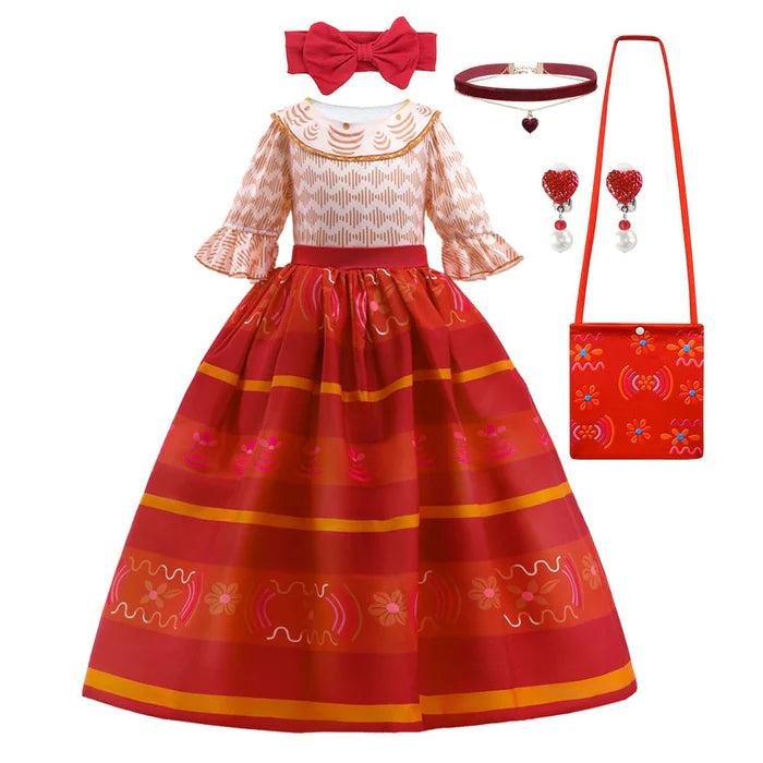Fantasia Infantil Vestido Encantado Floral Colorido com vestido, coroa, varinha e luvas, feita em poliéster e viscose, ideal para festas infantis.