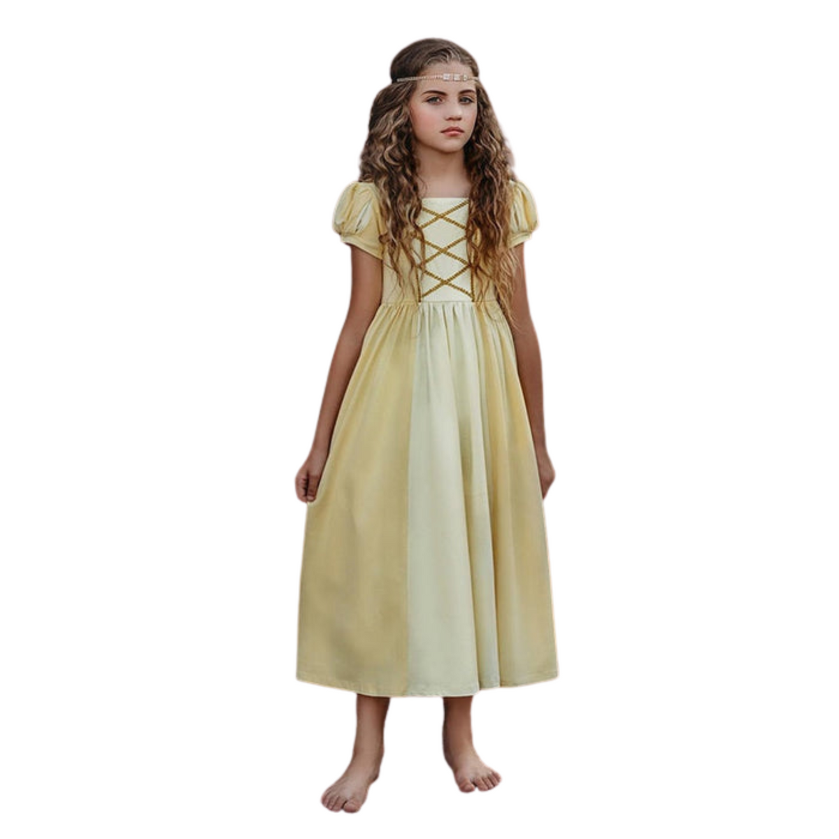 Fantasia Infantil Vestido Princesa Amarela feita em poliéster, malha e algodão, ideal para festas infantis e brincadeiras cheias de imaginação.