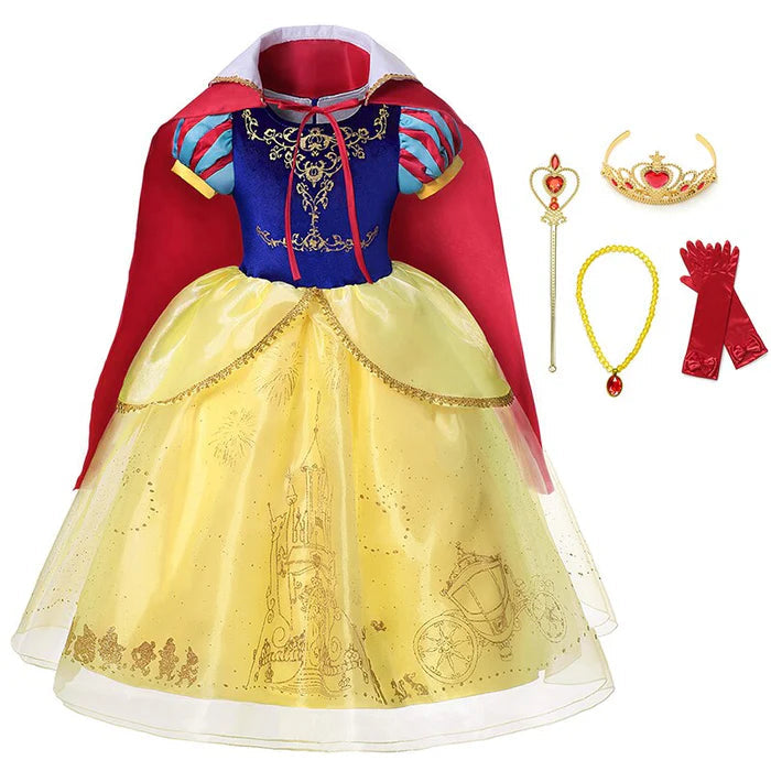 Fantasia Infantil Vestido Amarelo Luxo com vestido, coroa, varinha, colar e luvas, ideal para festas infantis e brincadeiras mágicas.
