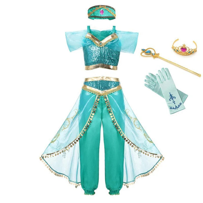 Fantasia Infantil Vestido Princesa Azul das Arábias com vestido, coroa, luva e varinha, feita em poliéster, cetim e voile de alta qualidade.