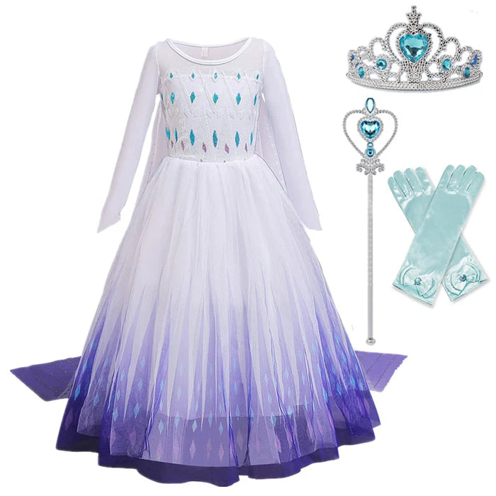 Fantasia Infantil Vestido Azul de Gelo Encantado com vestido, coroa, varinha e luvas, perfeita para festas infantis e brincadeiras mágicas.