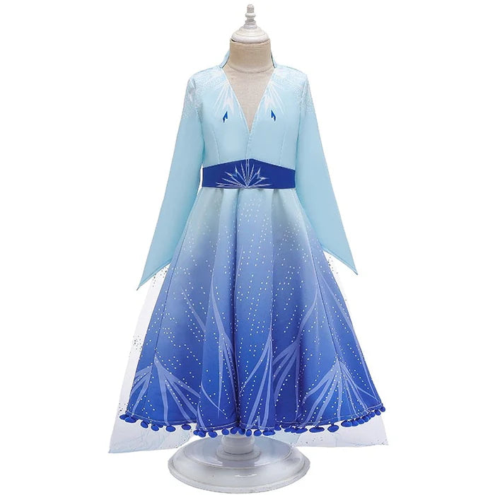 Fantasia Infantil Vestido Azul de Gelo Luxo com vestido, coroa, varinha, cabelo e luvas, perfeita para festas infantis e brincadeiras mágicas.