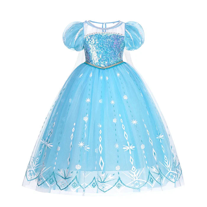 Fantasia Infantil Vestido Azul Luxo com vestido, coroa, varinha, bolsa e luvas, ideal para festas e brincadeiras mágicas.