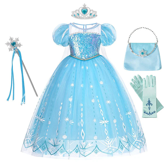 Fantasia Infantil Vestido Azul Luxo com vestido, coroa, varinha, bolsa e luvas, ideal para festas e brincadeiras mágicas.